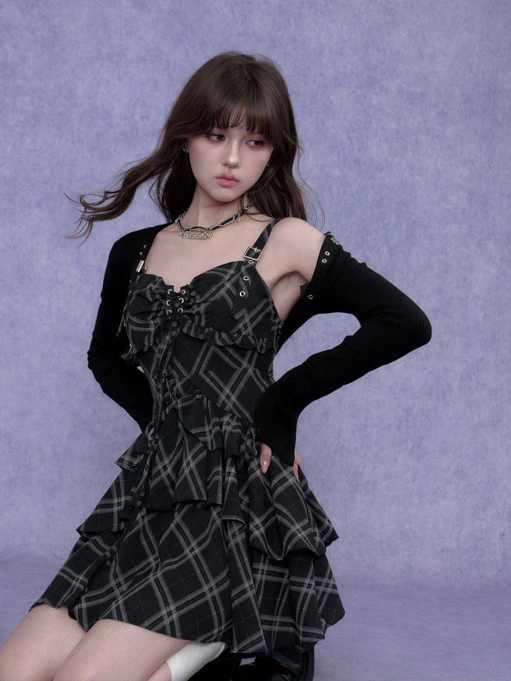 Buckle Strap Plaid Ruffle Mini Dress