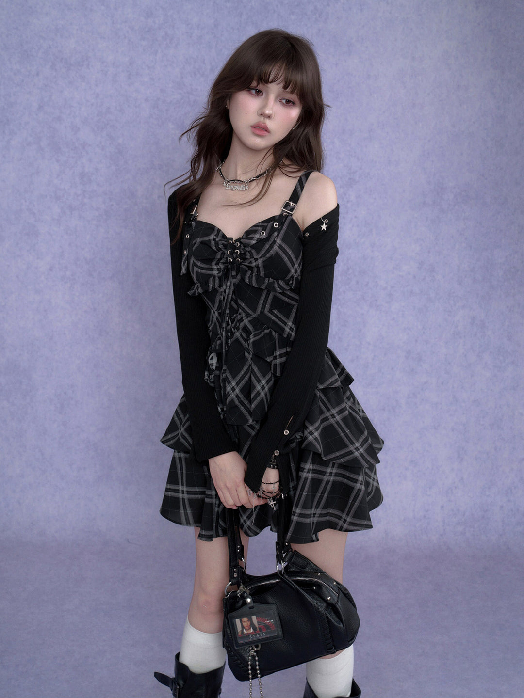 Buckle Strap Plaid Ruffle Mini Dress