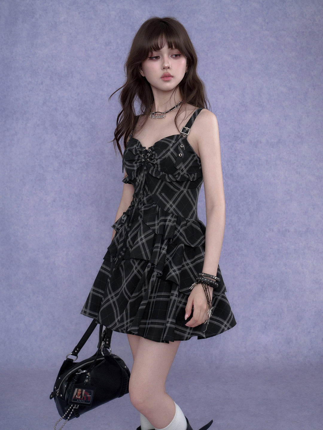 Buckle Strap Plaid Ruffle Mini Dress