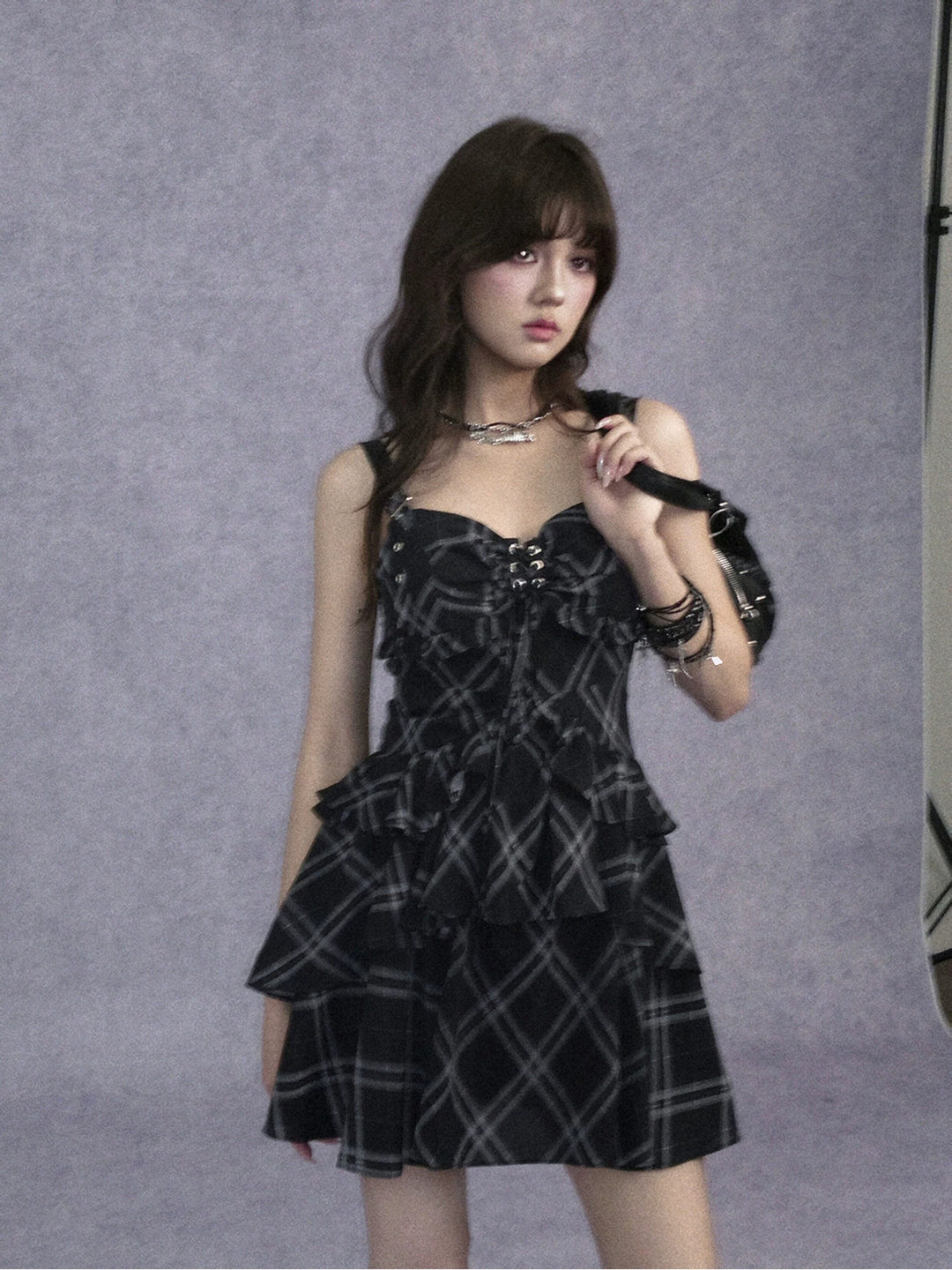 Buckle Strap Plaid Ruffle Mini Dress
