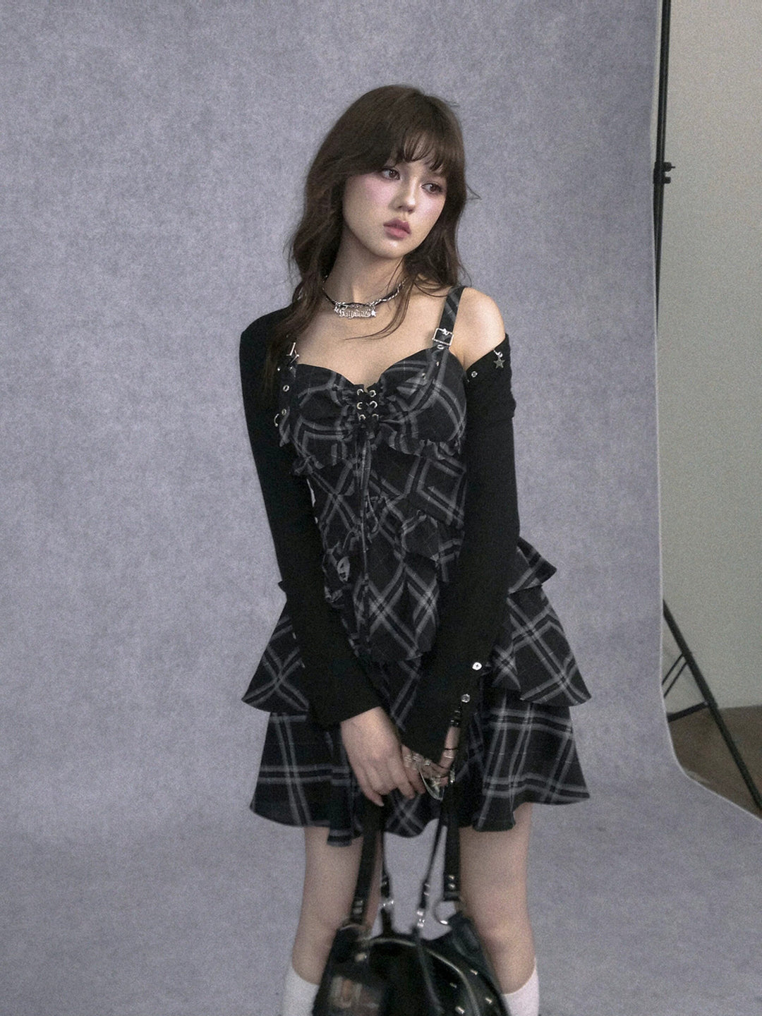Buckle Strap Plaid Ruffle Mini Dress