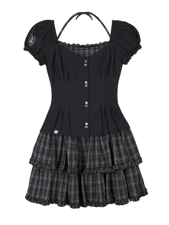 Plaid Tiered Puff Sleeve Mini Dress