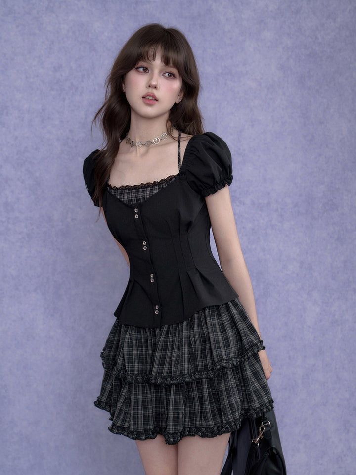 Plaid Tiered Puff Sleeve Mini Dress