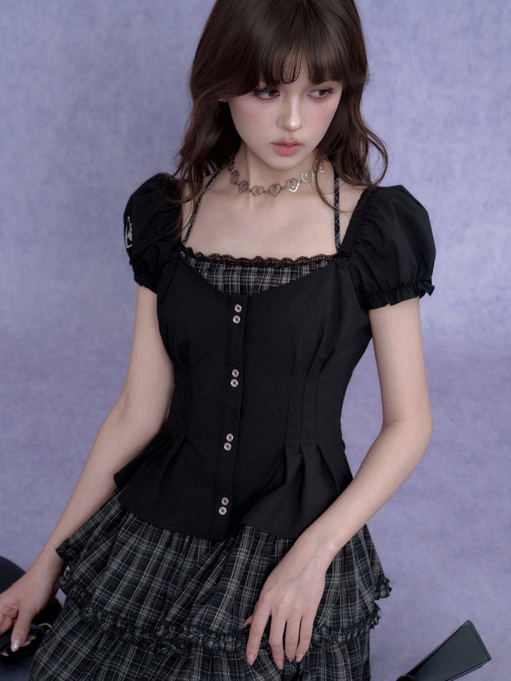 Plaid Tiered Puff Sleeve Mini Dress