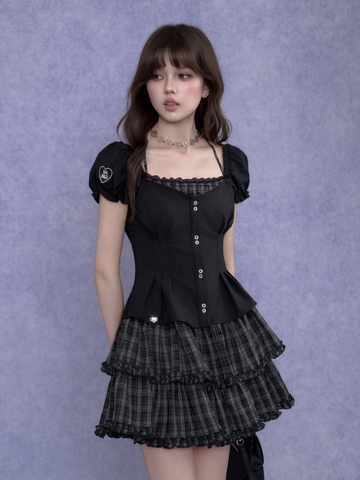 Plaid Tiered Puff Sleeve Mini Dress