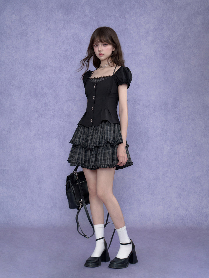Plaid Tiered Puff Sleeve Mini Dress