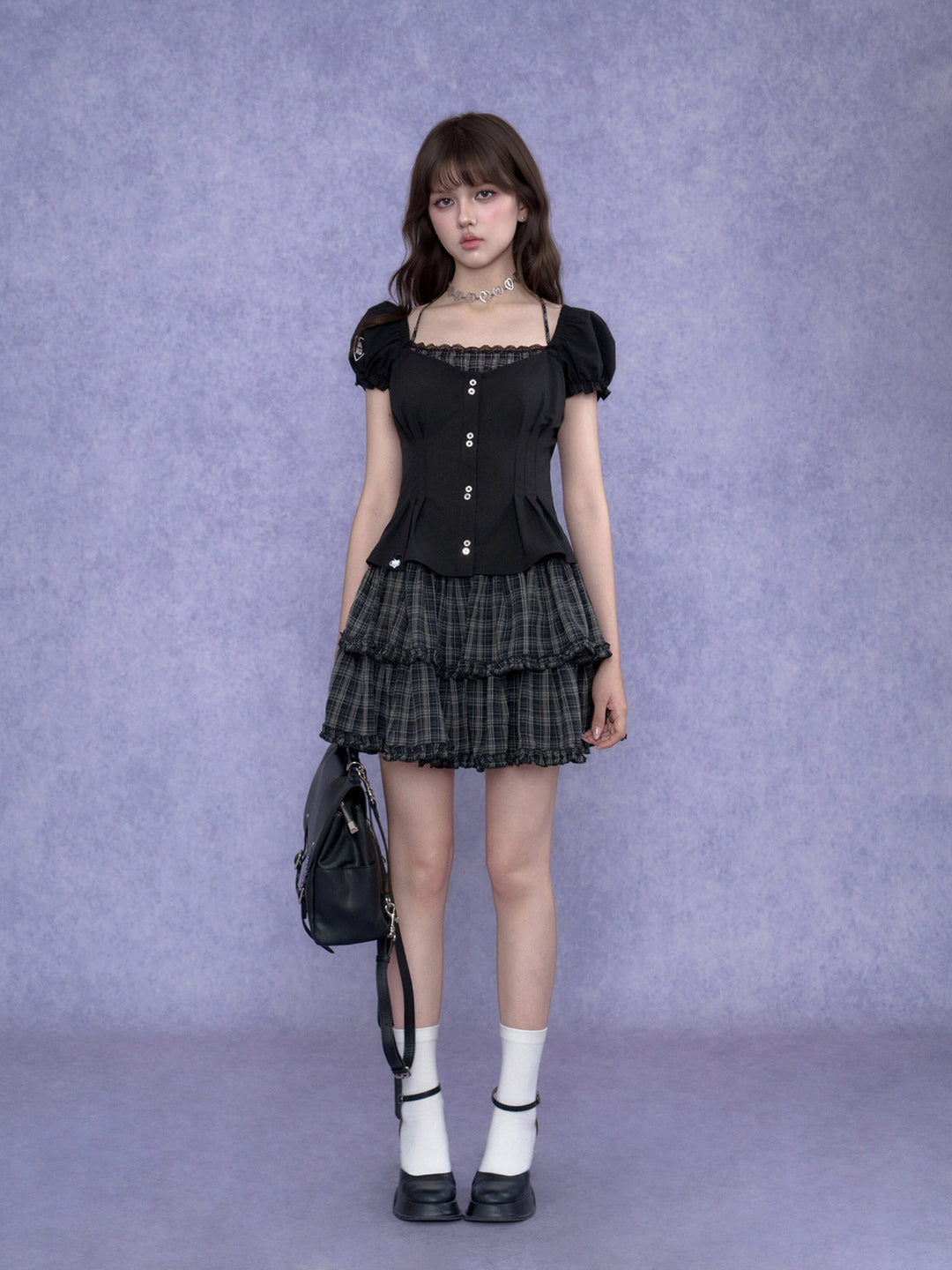 Plaid Tiered Puff Sleeve Mini Dress