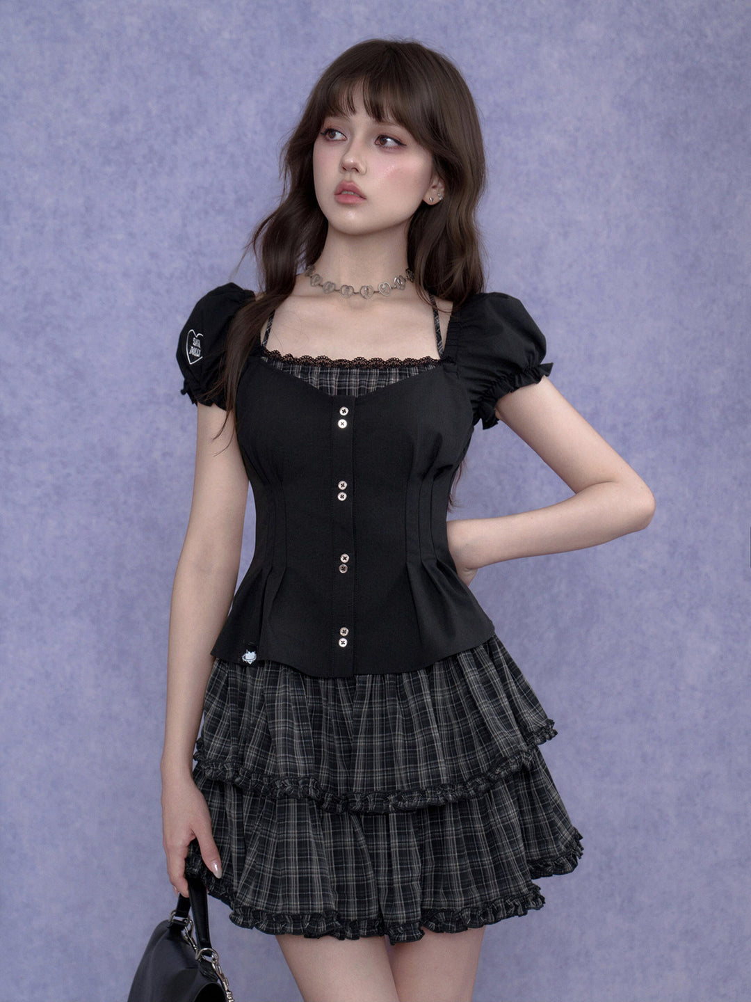 Plaid Tiered Puff Sleeve Mini Dress