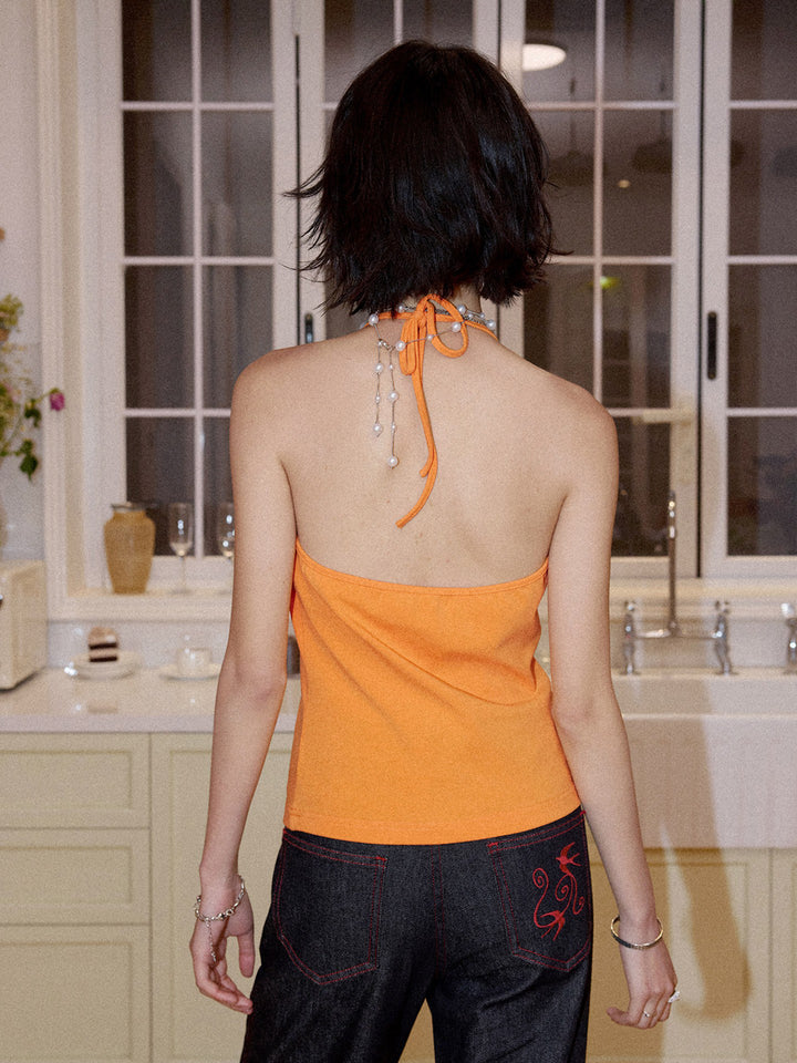 Orchid Graphic Beaded Halter Top