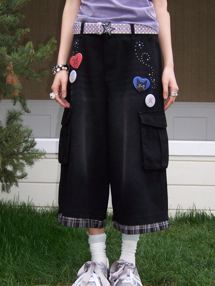 Studded Plaid Trim Cropped Cargo Pants