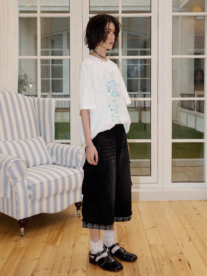 Studded Plaid Trim Cropped Cargo Pants
