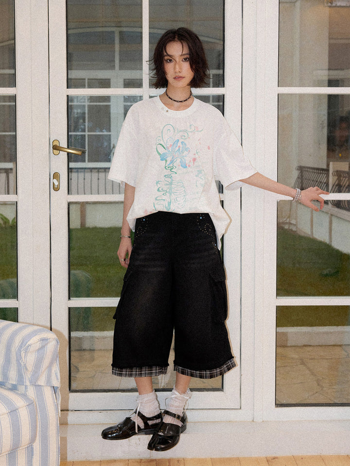 Studded Plaid Trim Cropped Cargo Pants