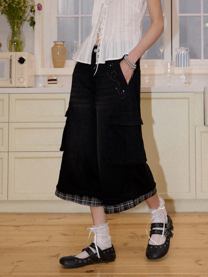 Studded Plaid Trim Cropped Cargo Pants