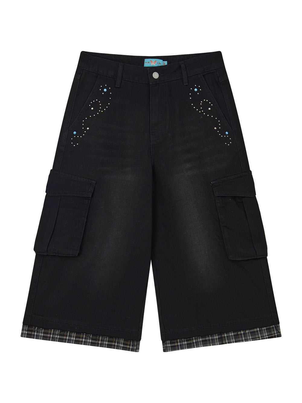 Studded Plaid Trim Cropped Cargo Pants