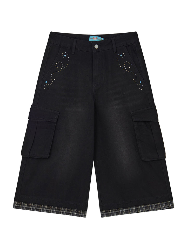 Studded Plaid Trim Cropped Cargo Pants