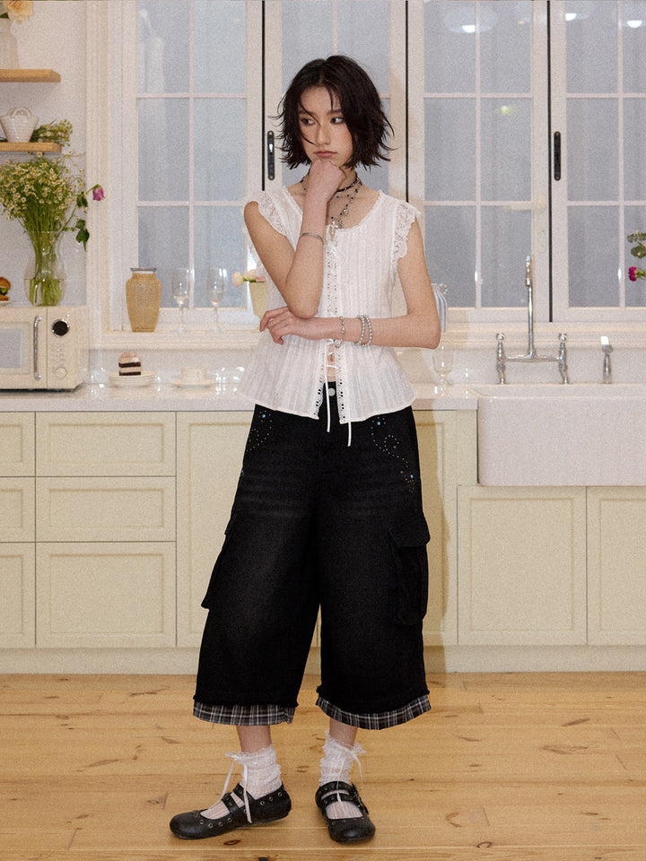 Studded Plaid Trim Cropped Cargo Pants