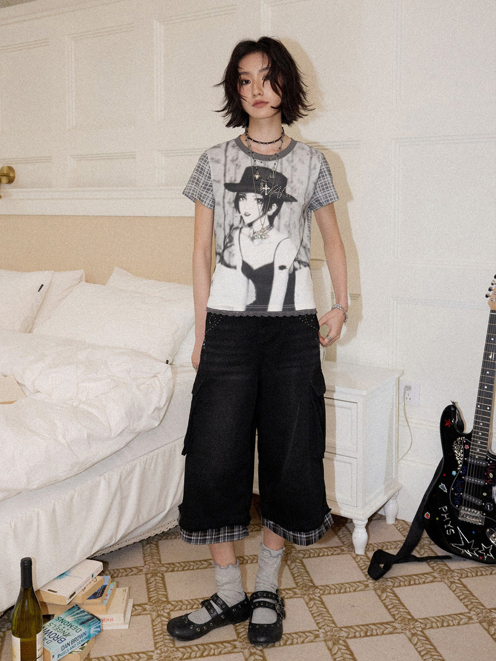 Studded Plaid Trim Cropped Cargo Pants