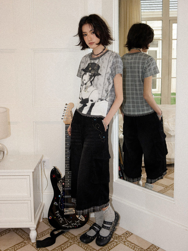 Studded Plaid Trim Cropped Cargo Pants