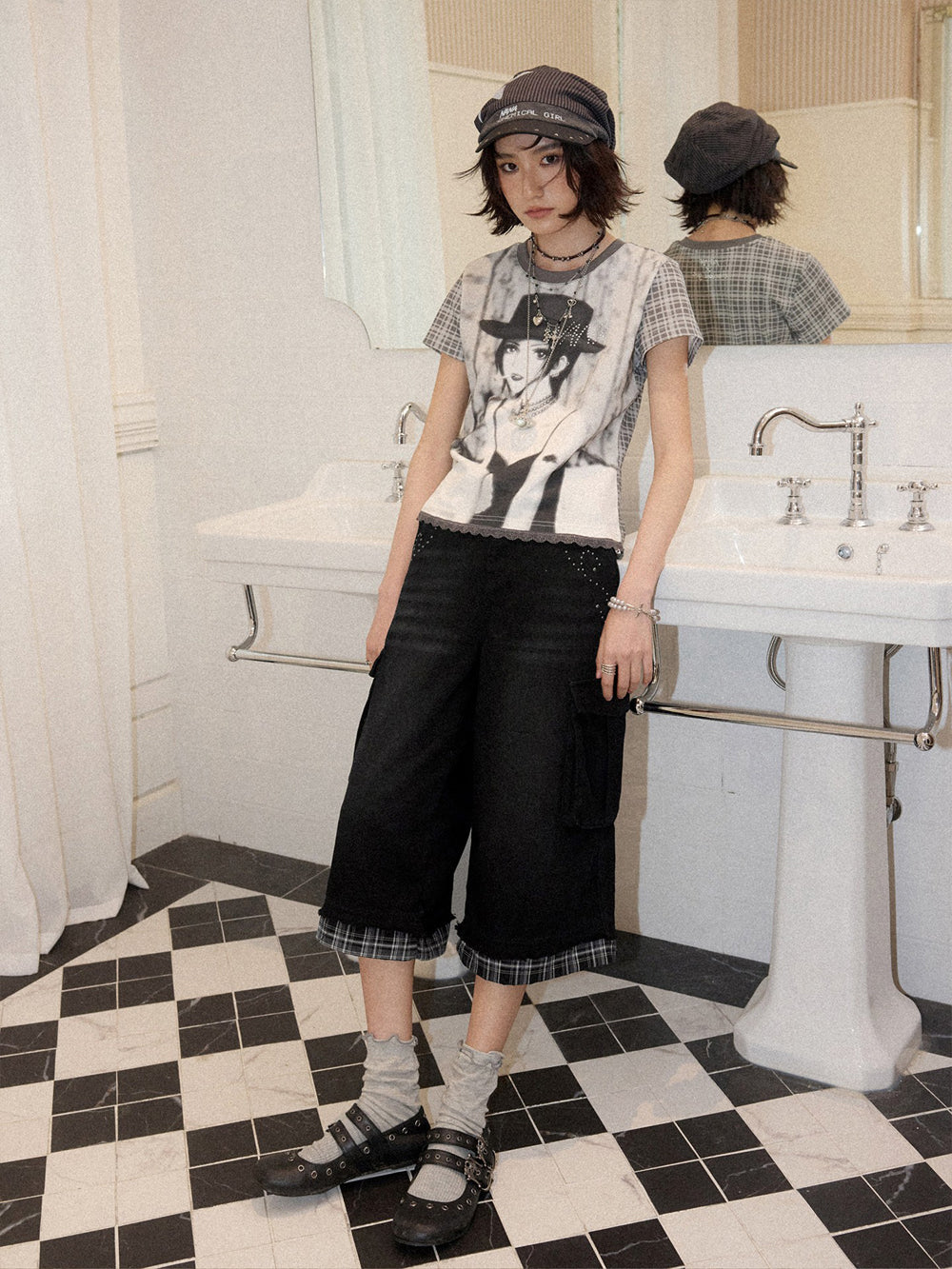 Studded Plaid Trim Cropped Cargo Pants