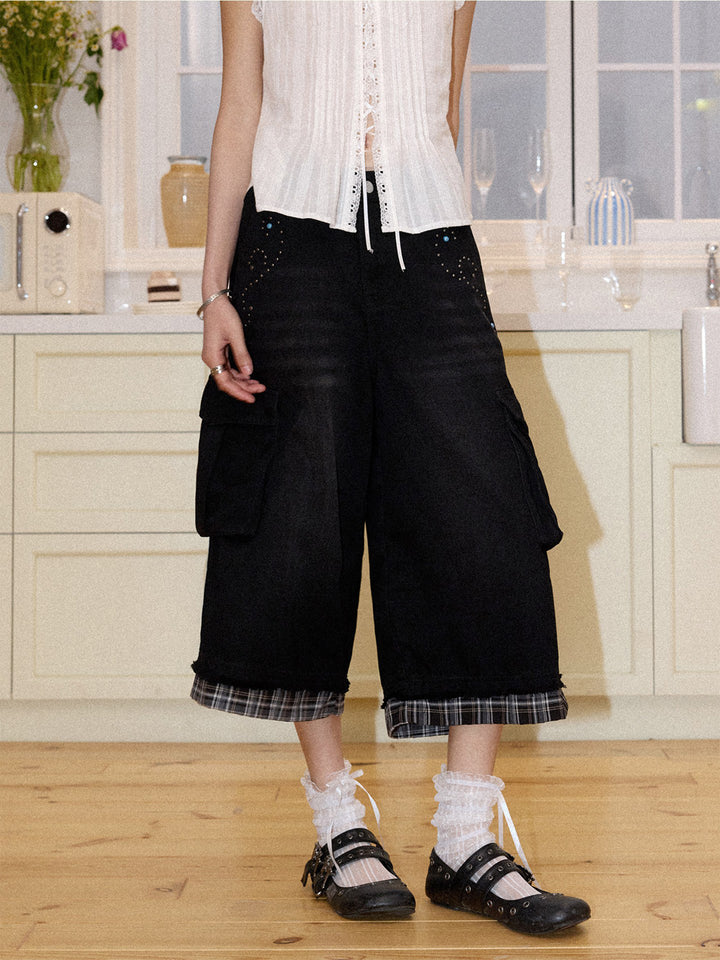 Studded Plaid Trim Cropped Cargo Pants