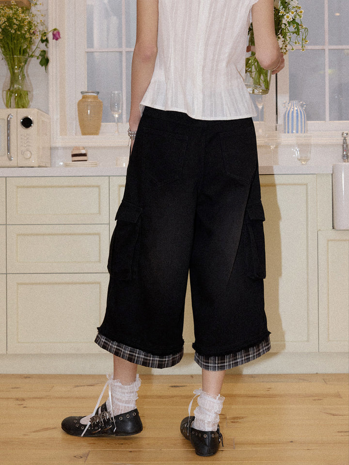 Studded Plaid Trim Cropped Cargo Pants