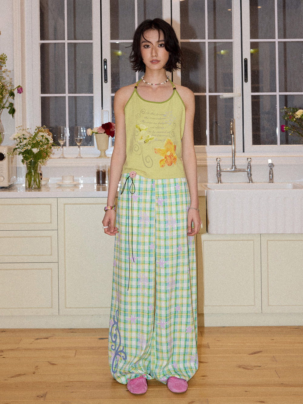 Pastel Plaid Star Graphic Wide Leg Pants