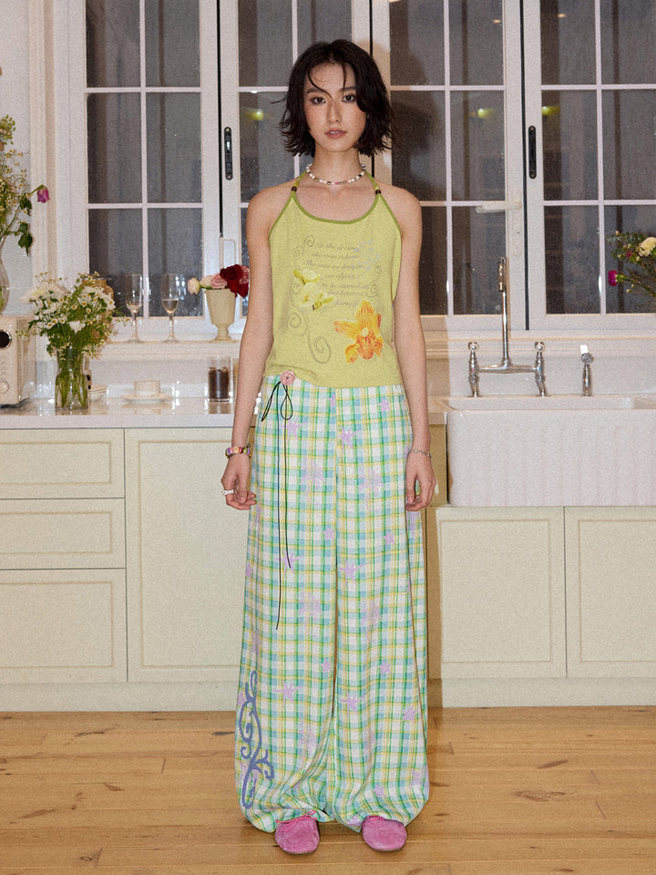 Pastel Plaid Star Graphic Wide Leg Pants