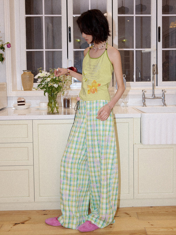 Pastel Plaid Star Graphic Wide Leg Pants