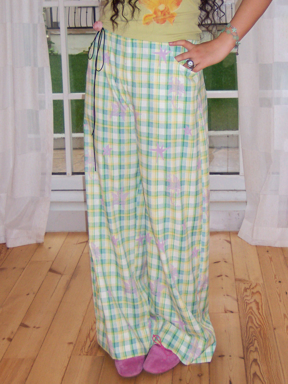 Pastel Plaid Star Graphic Wide Leg Pants