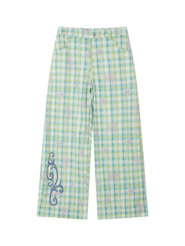 Pastel Plaid Star Graphic Wide Leg Pants