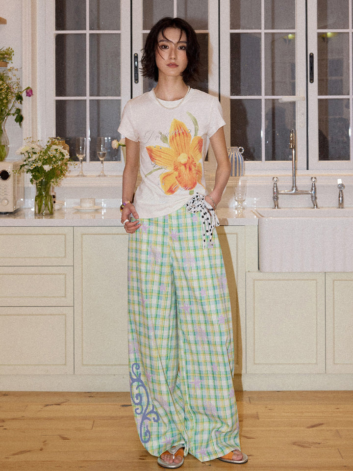 Pastel Plaid Star Graphic Wide Leg Pants