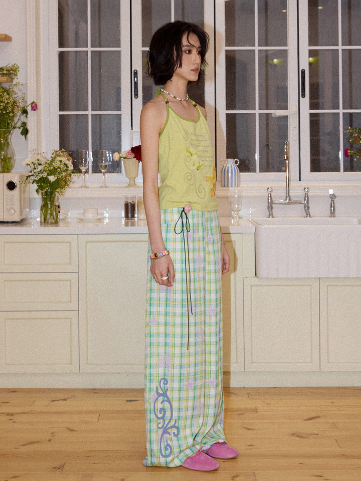 Pastel Plaid Star Graphic Wide Leg Pants