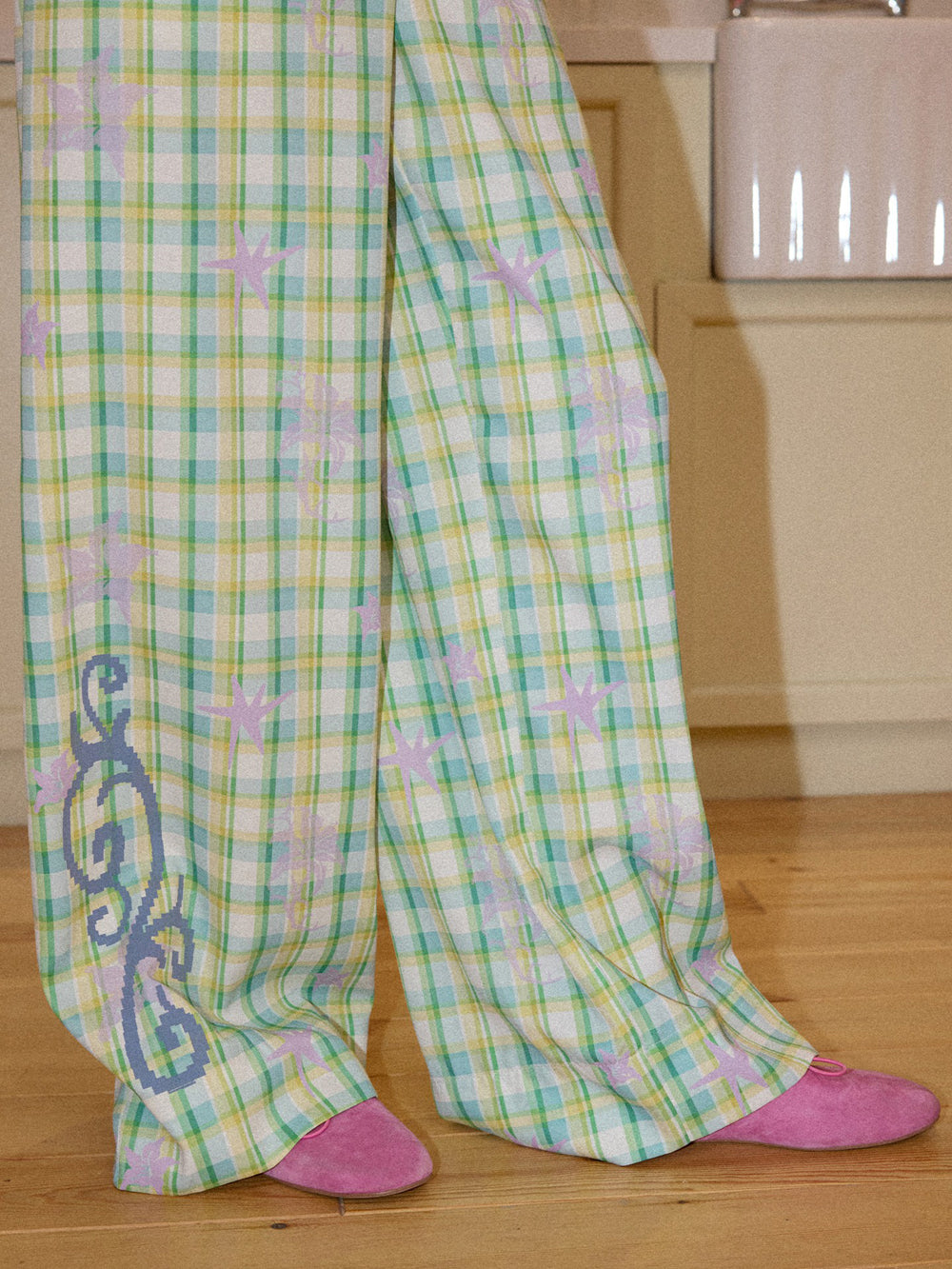 Pastel Plaid Star Graphic Wide Leg Pants