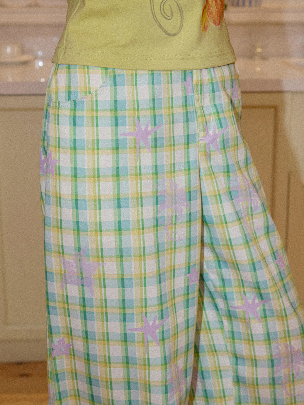 Pastel Plaid Star Graphic Wide Leg Pants