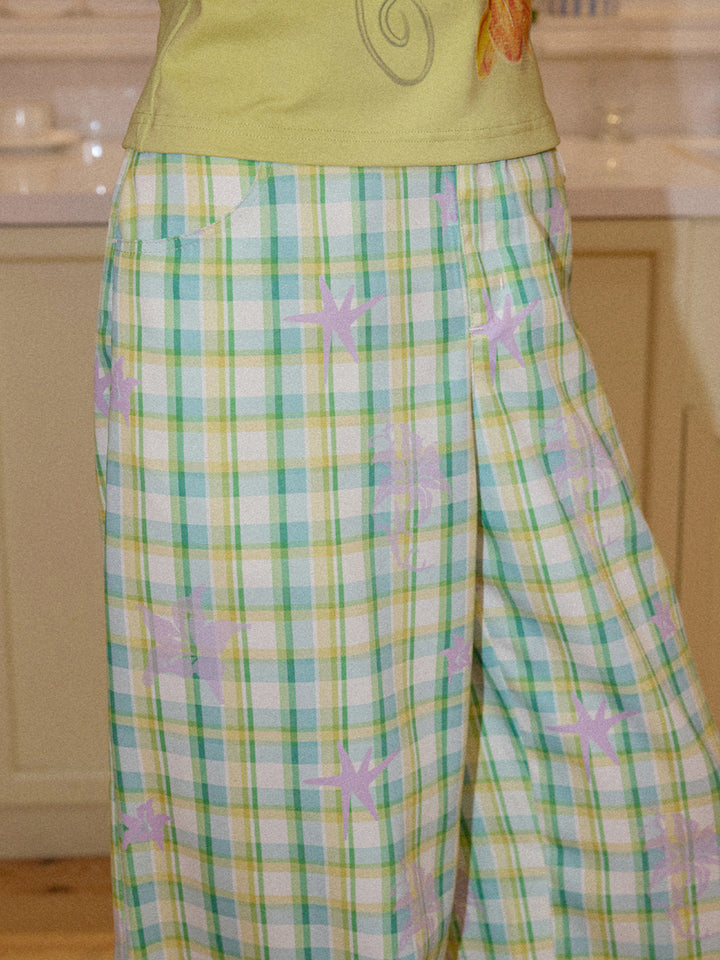 Pastel Plaid Star Graphic Wide Leg Pants