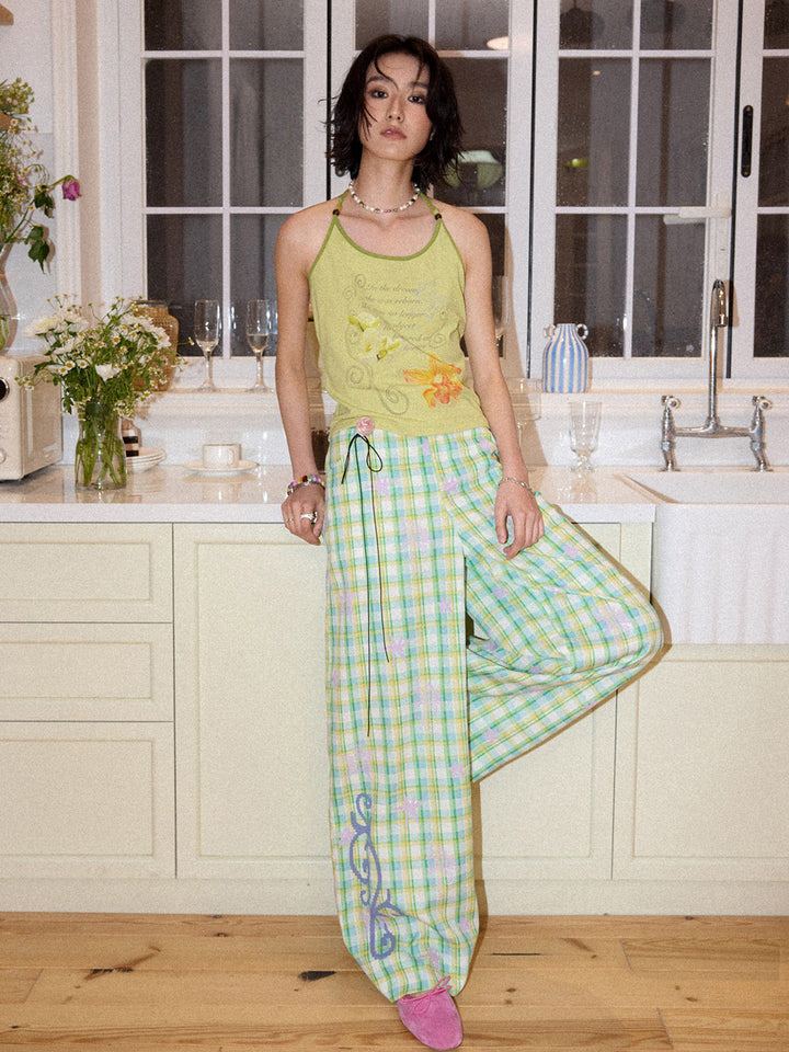 Pastel Plaid Star Graphic Wide Leg Pants