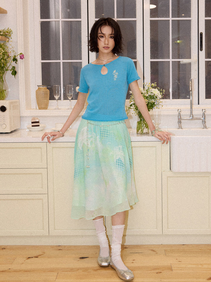 Mint Floral Print Mesh Midi Skirt