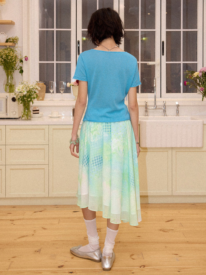 Mint Floral Print Mesh Midi Skirt