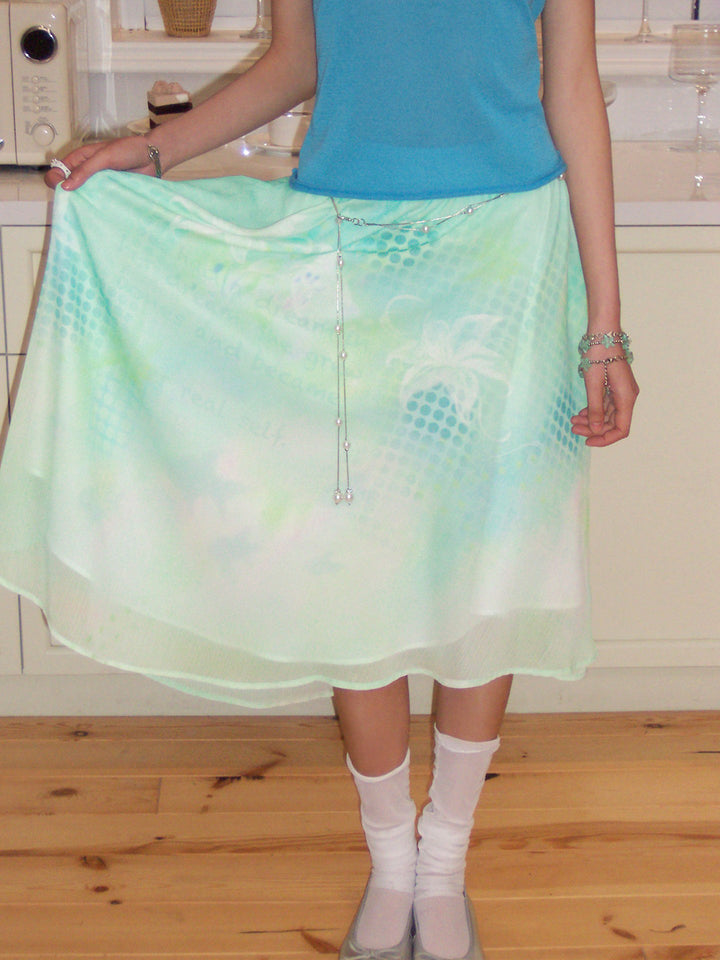 Mint Floral Print Mesh Midi Skirt