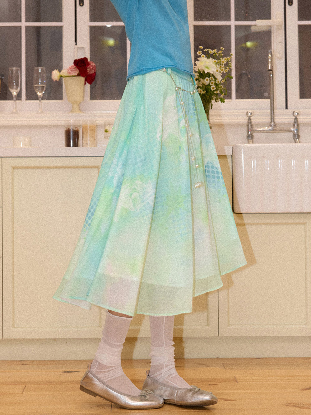 Mint Floral Print Mesh Midi Skirt