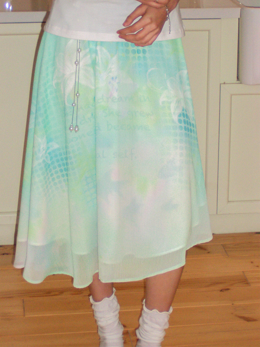 Mint Floral Print Mesh Midi Skirt