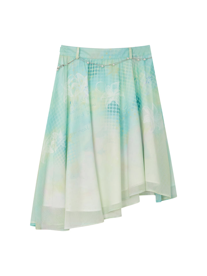 Mint Floral Print Mesh Midi Skirt