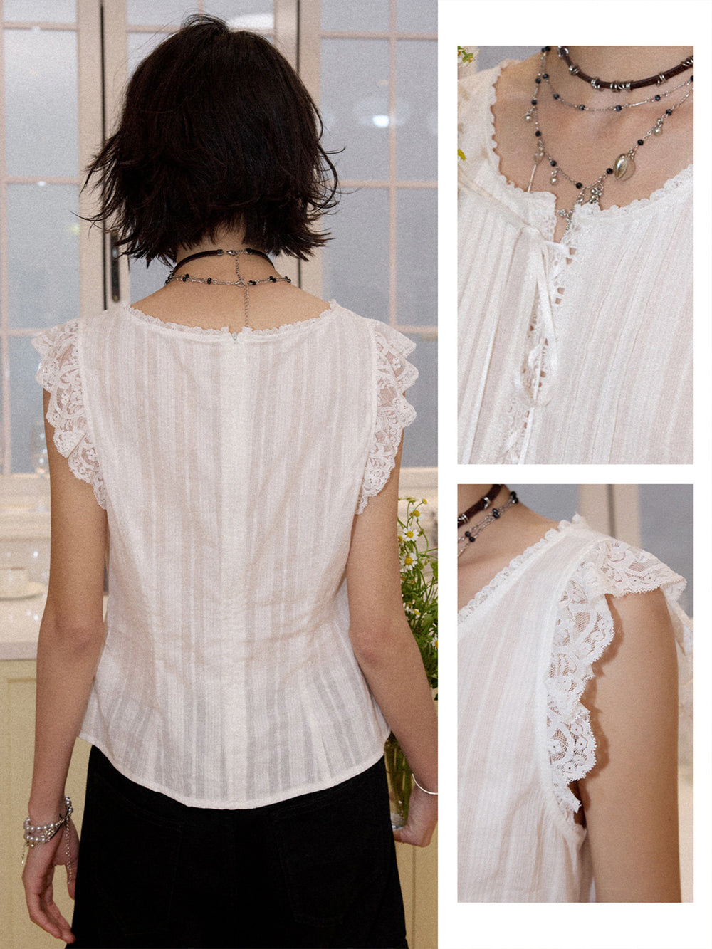 Lace Ruffle Sleeveless Blouse