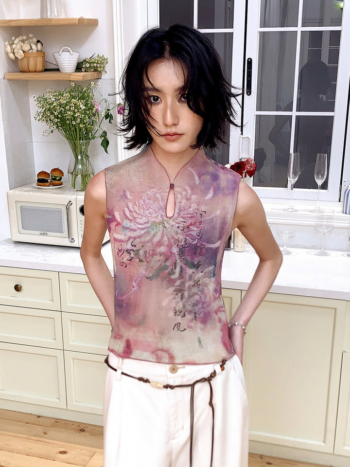 Floral Print Keyhole Sleeveless Top