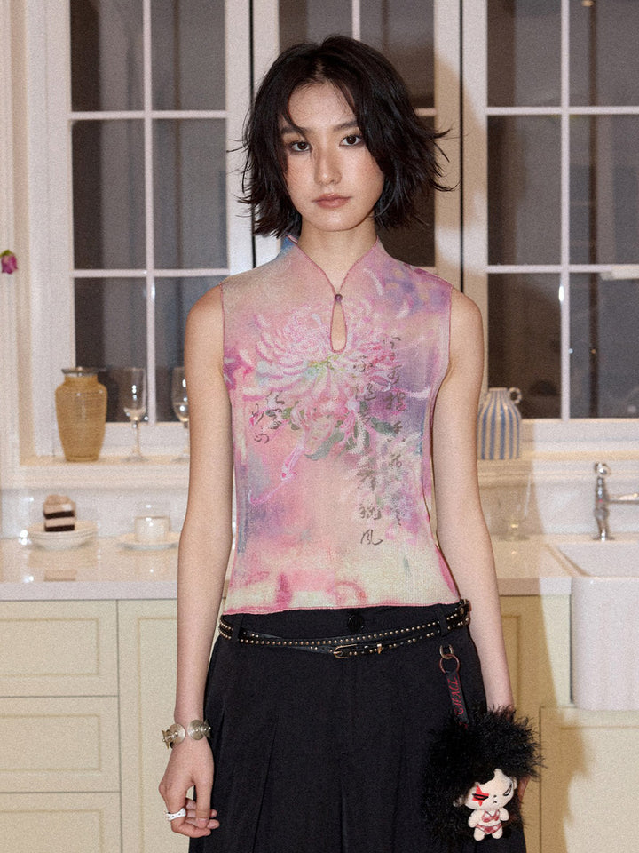 Floral Print Keyhole Sleeveless Top