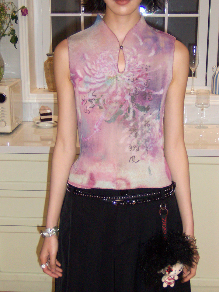 Floral Print Keyhole Sleeveless Top