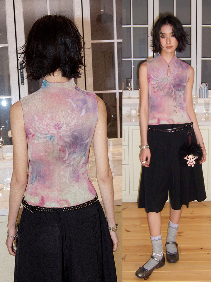 Floral Print Keyhole Sleeveless Top