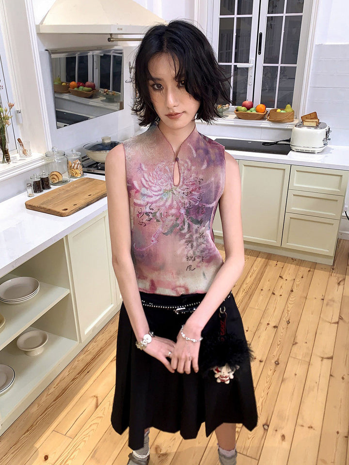 Floral Print Keyhole Sleeveless Top