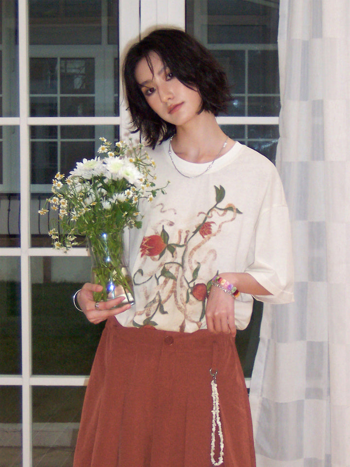 Pomegranate Blossom Graphic Cotton T-Shirt
