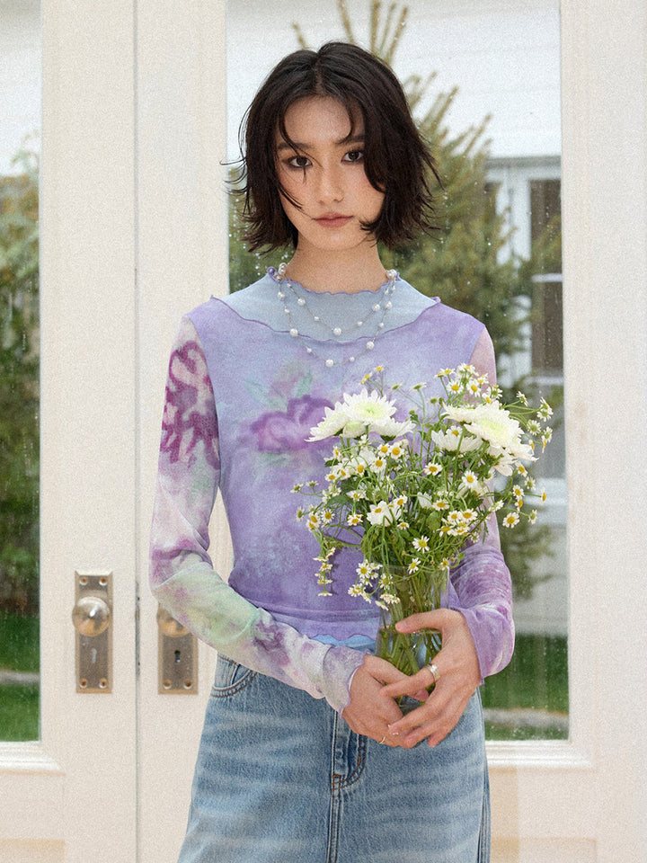 Purple Watercolor Floral Mesh Long Sleeve Top